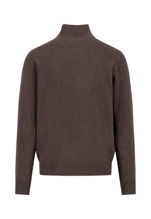 A brown, long-sleeve, high-neck sweater shown from the back, with a simple and plain design and ribbed cuffs and hem.
