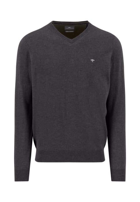 A dark gray, long-sleeved V-neck sweater with ribbed cuffs and hem, featuring a small embroidered logo on the left chest. The sweater is displayed against a plain white background.