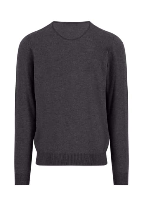A plain, long-sleeved, dark gray crewneck sweater is displayed against a white background.