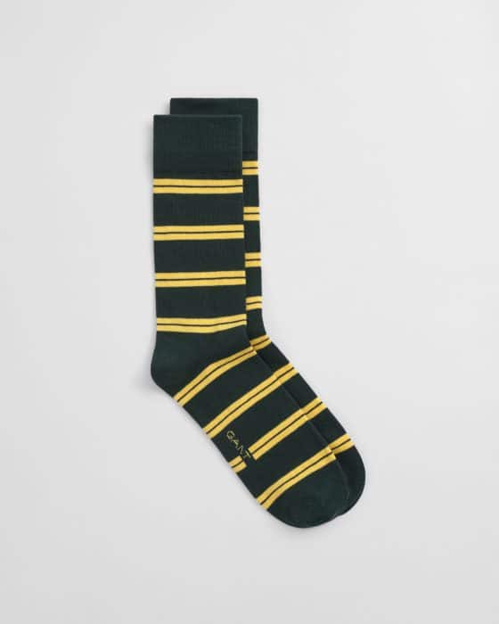 A pair of dark green socks with horizontal yellow stripes, neatly arranged side by side on a white background.