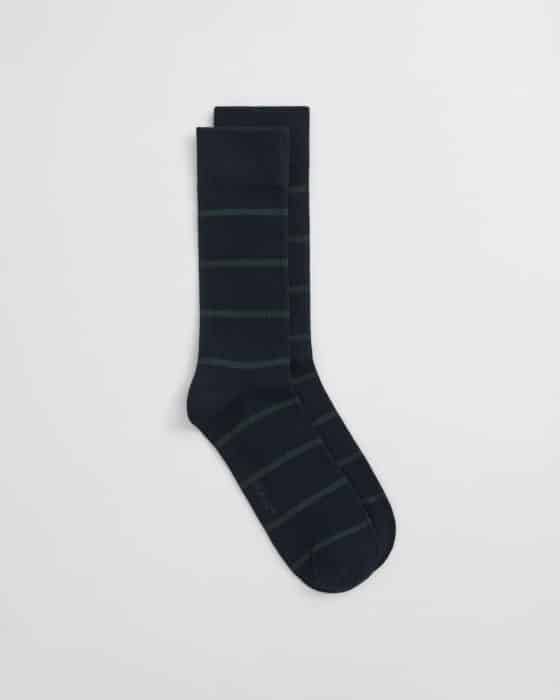 A pair of dark navy blue socks with thin, evenly spaced green horizontal stripes, neatly laid out overlapping each other on a plain white background.