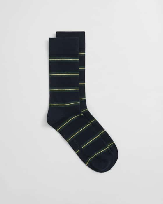A pair of dark navy socks with thin, evenly spaced green and yellow horizontal stripes, laid flat on a white background.