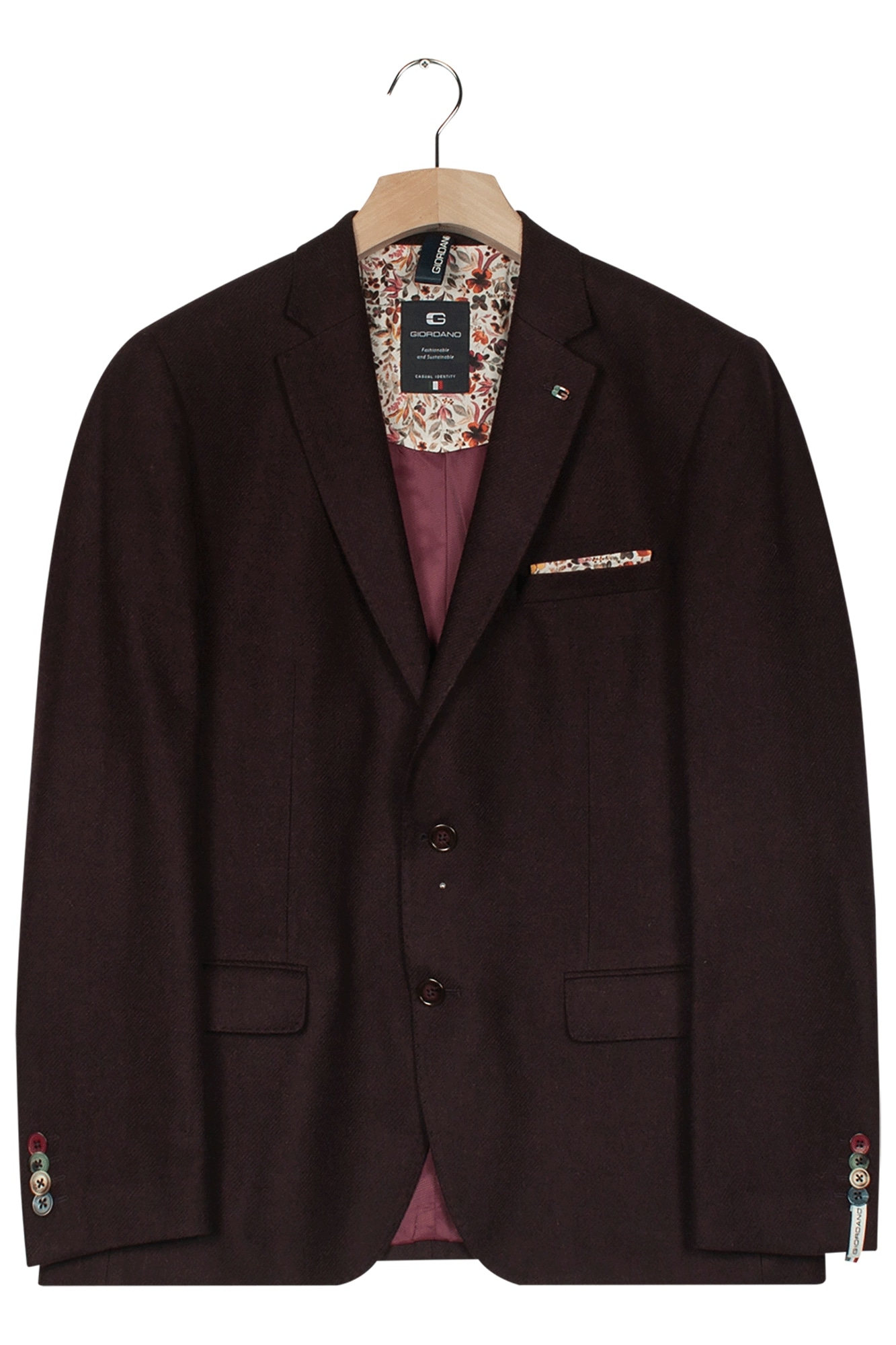 A dark burgundy mens blazer on a wooden hanger, featuring a floral inner lining, two front buttons, a chest pocket with a patterned handkerchief, and button details on the sleeves.