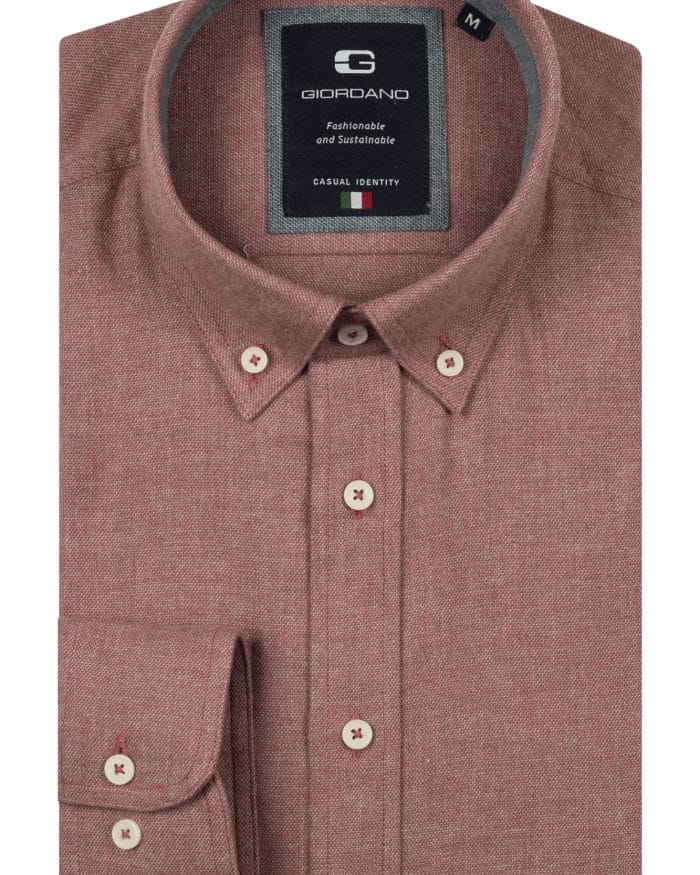 A neatly folded, long-sleeved, button-up maroon shirt with a button-down collar and white buttons. The label inside reads Giordano and Fashionable and Sustainable. Size M is indicated on the tag.