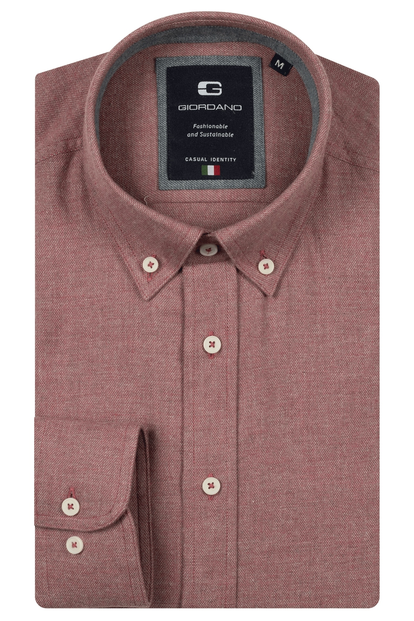 A neatly folded, long-sleeved, button-up maroon shirt with a button-down collar and white buttons. The label inside reads Giordano and Fashionable and Sustainable. Size M is indicated on the tag.
