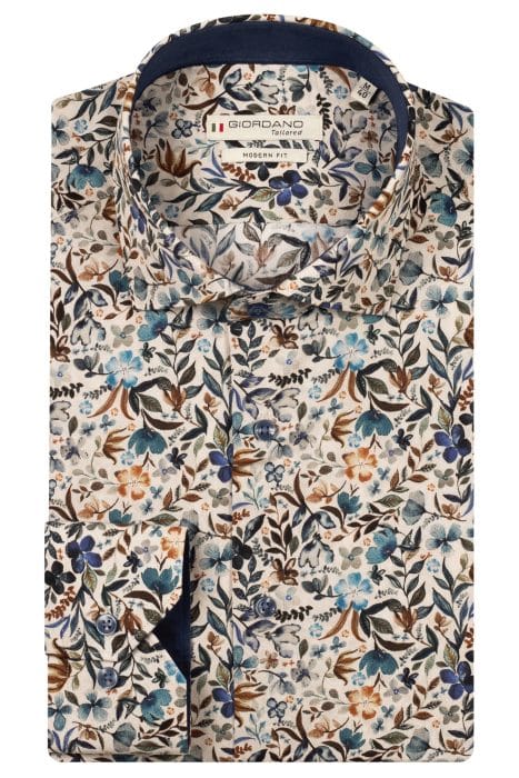 A folded long-sleeve dress shirt with a floral pattern in shades of blue, brown, and beige. The label reads Giordano Tailored, Modern Fit.