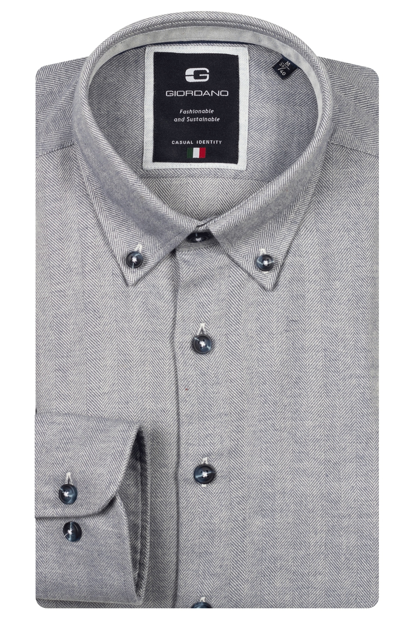 A neatly folded, light grey button-up shirt with a subtle herringbone pattern, dark buttons, and a visible Giordano brand label inside the collar.