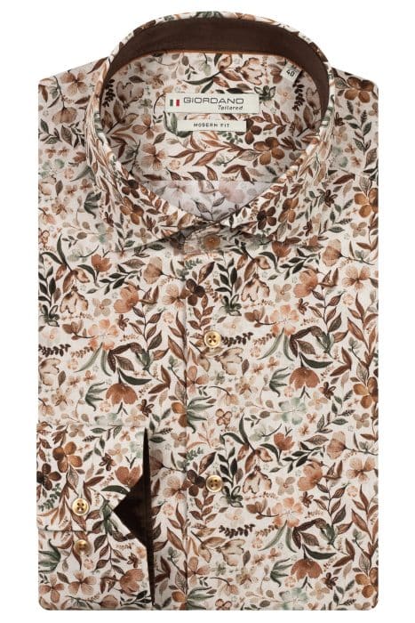 A folded long-sleeve dress shirt with a brown, beige, and white floral pattern. The shirt features a button-down front, brown buttons, and a Giordano label inside the collar.