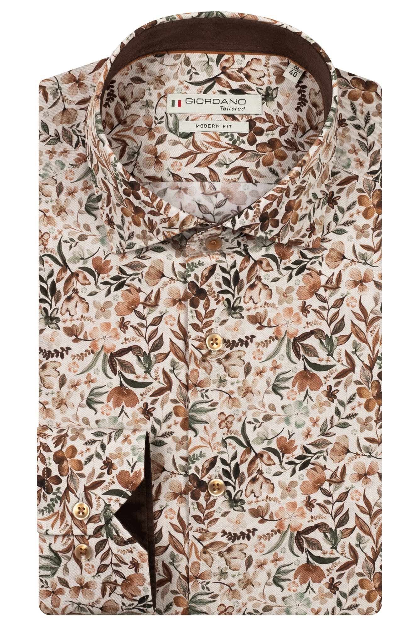 A folded long-sleeve dress shirt with a brown, beige, and white floral pattern. The shirt features a button-down front, brown buttons, and a Giordano label inside the collar.