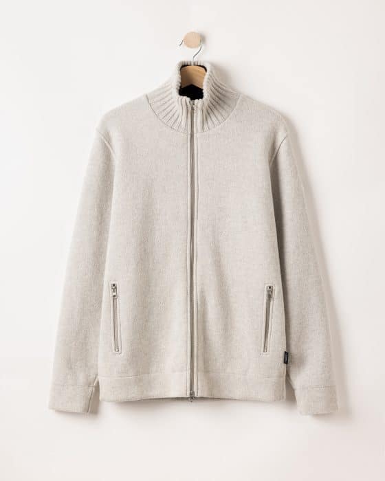 A light gray zip-up sweater with a ribbed high collar and two front zippered pockets, hanging on a wooden hanger against a plain white background.