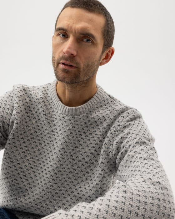 A man with short brown hair and a trimmed beard wears a light gray sweater with a small, repeating dark pattern, looking slightly upward against a plain, light background.