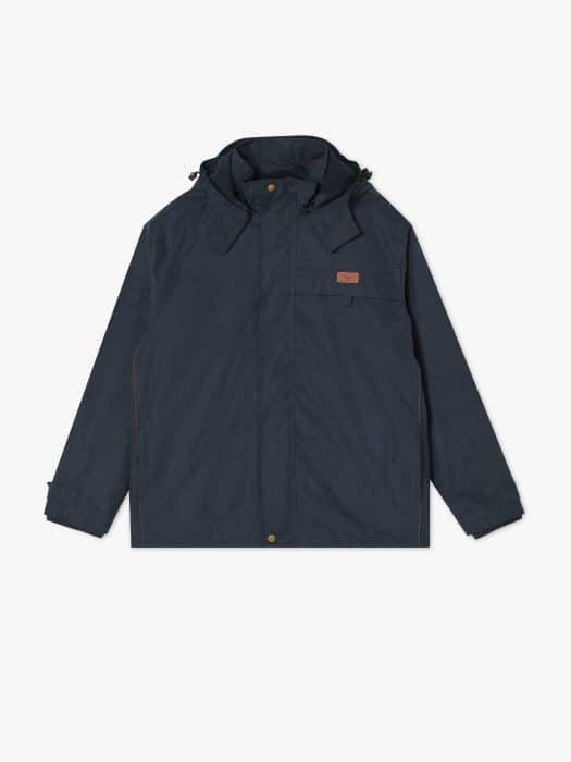 A navy blue hooded jacket with a front zipper, snap buttons, and a chest pocket featuring a small brown patch. The jacket has adjustable cuffs and a simple, minimalistic design.