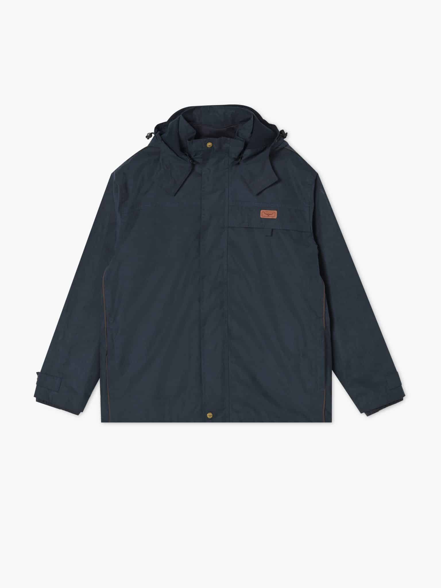 A navy blue hooded jacket with a front zipper, snap buttons, and a chest pocket featuring a small brown patch. The jacket has adjustable cuffs and a simple, minimalistic design.