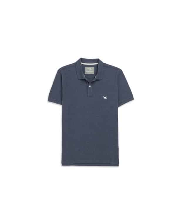 A navy blue short-sleeve polo shirt with a collar, button placket, and a small embroidered animal logo on the left chest, displayed on a white background.