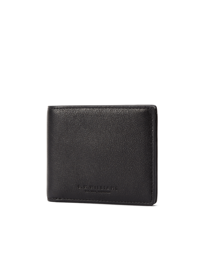 A closed black leather wallet with subtle stitching and the brand name R.M. Williams embossed on the lower front, photographed against a plain white background.