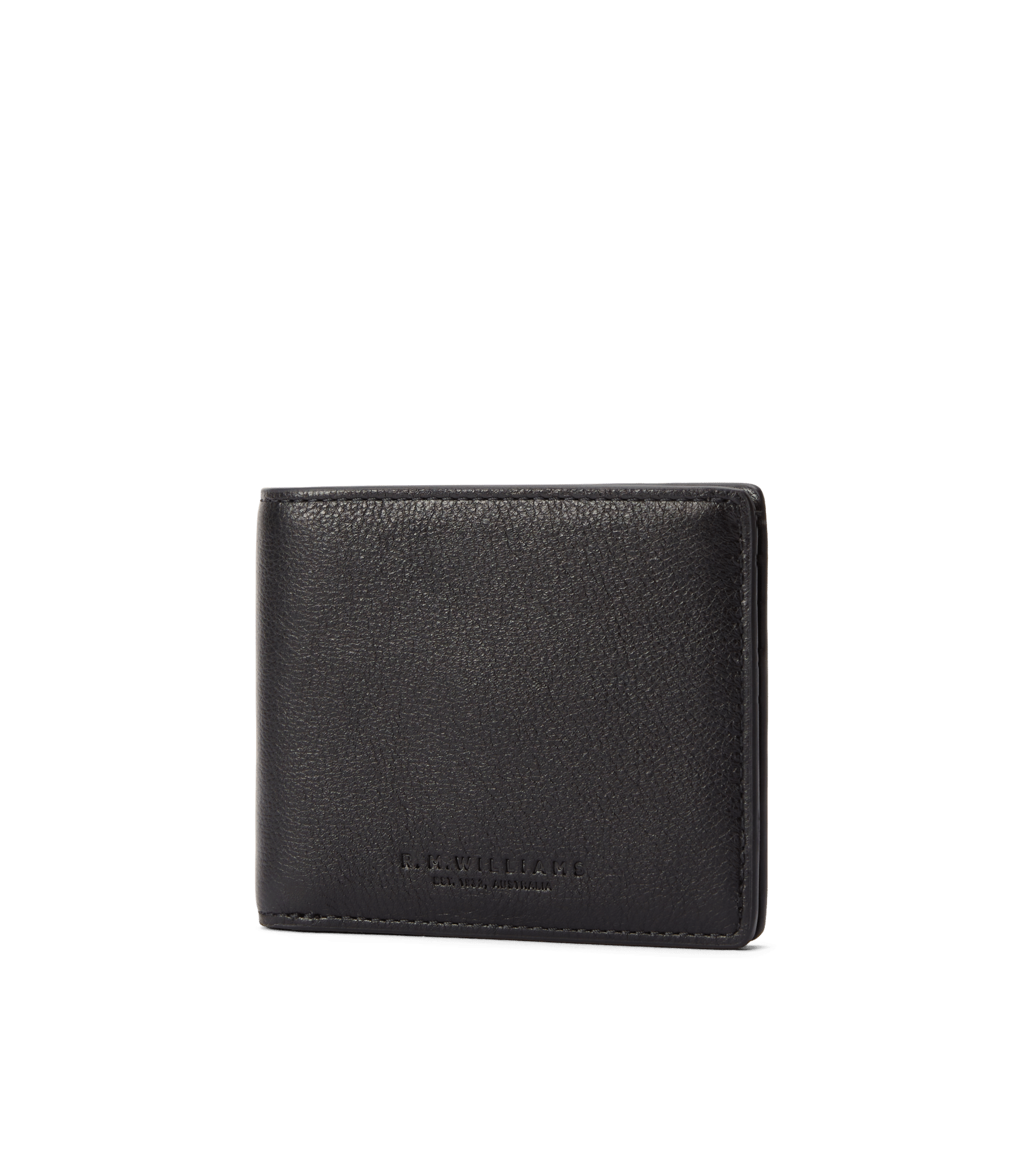 A closed black leather wallet with subtle stitching and the brand name R.M. Williams embossed on the lower front, photographed against a plain white background.