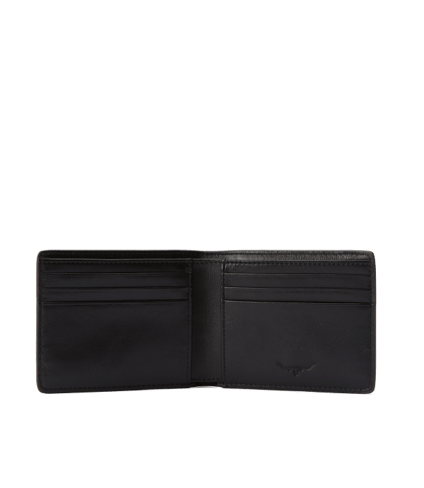 An open black leather wallet with multiple card slots on both sides, shown against a plain white background.