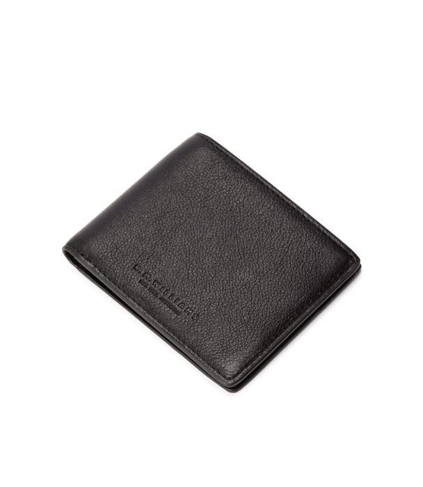 A black leather bifold wallet with subtle textured grain, shown closed against a plain white background. The wallet has minimal branding embossed on the lower front corner.