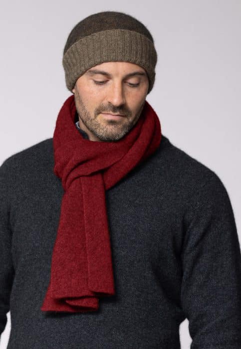 Man wearing a brown knit beanie, a dark gray sweater, and a long red scarf, looking down with a neutral expression against a plain light background.