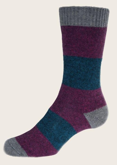 A wool sock featuring wide horizontal stripes in gray, dark teal, and maroon, with gray at the cuff, toe, and heel. The sock is displayed against a plain light background.