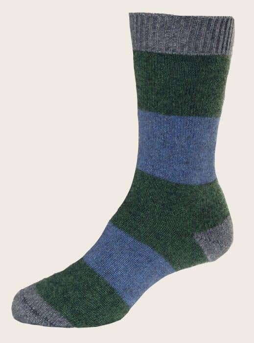 A single sock with wide horizontal stripes in dark green and blue, featuring gray at the cuff, toe, and heel, displayed on a plain light-colored background.