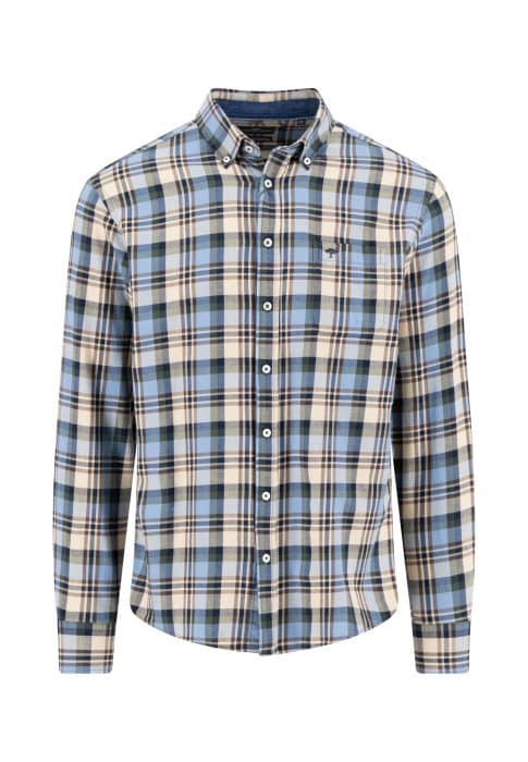 A long-sleeved, button-up shirt with a blue, beige, and white plaid pattern and a buttoned collar.