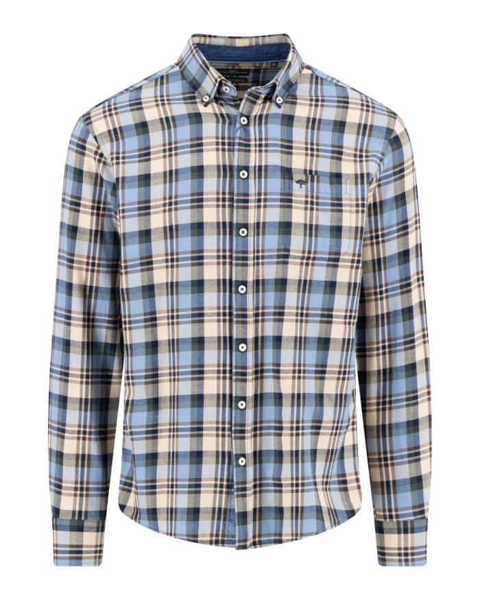 A long-sleeved, button-up shirt with a blue, beige, and white plaid pattern and a buttoned collar.