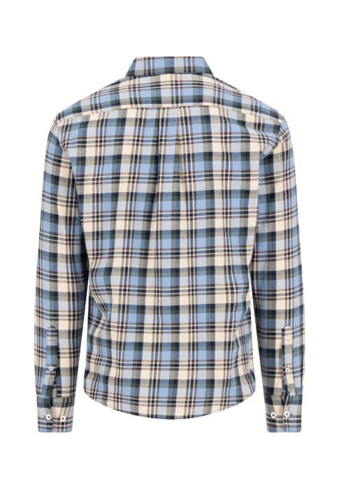 A long-sleeved button-up shirt with a blue, beige, and white plaid pattern, shown from the back. The shirt has a collar and buttoned cuffs.