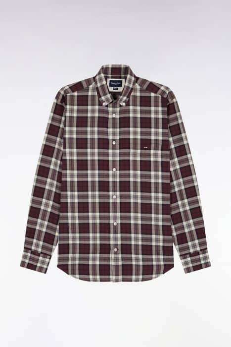 A long-sleeved, button-up shirt with a burgundy, white, and gray plaid pattern, displayed on a plain white background. The shirt features a collar and a single chest pocket.