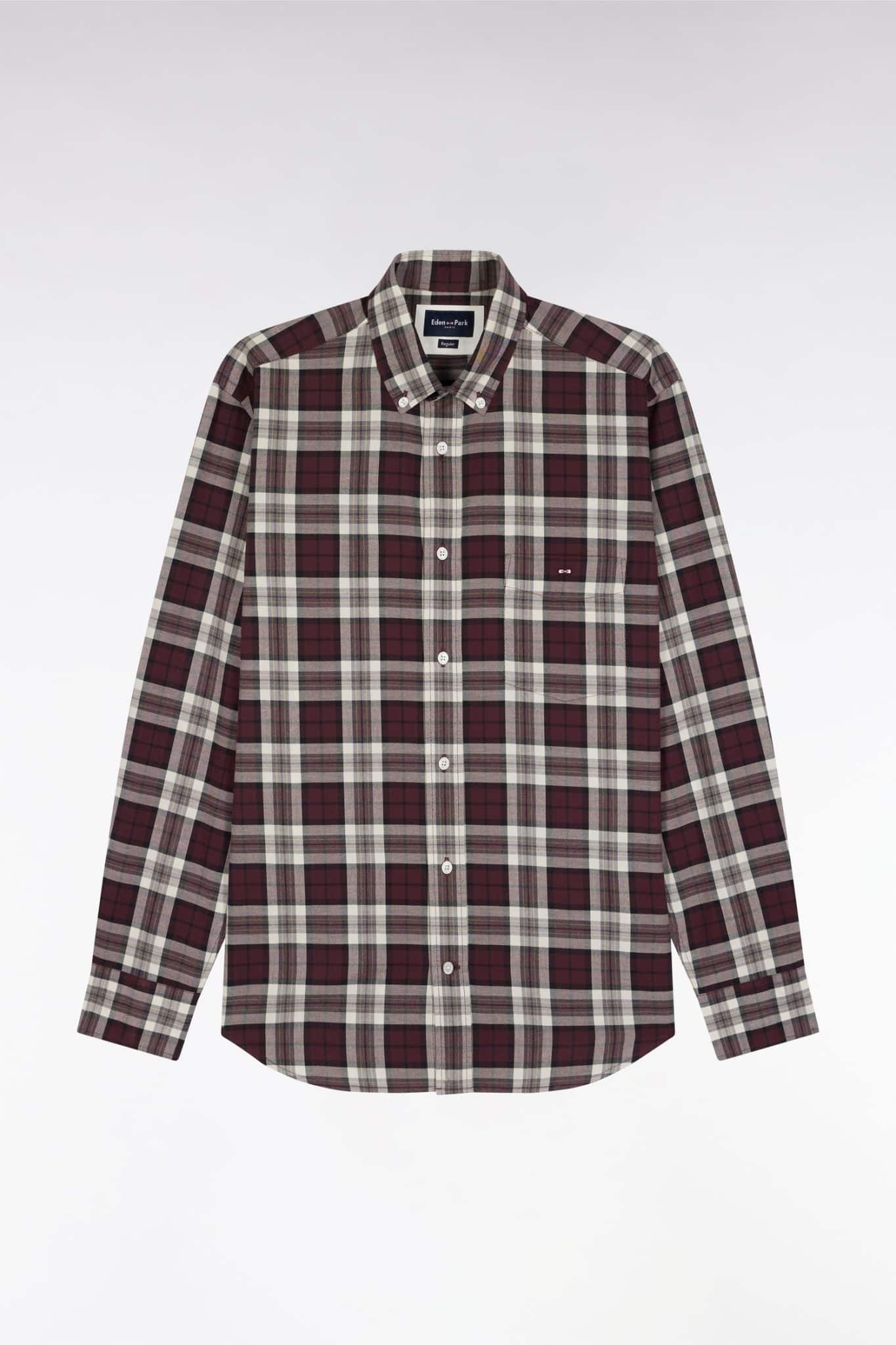 A long-sleeved, button-up shirt with a burgundy, white, and gray plaid pattern, displayed on a plain white background. The shirt features a collar and a single chest pocket.