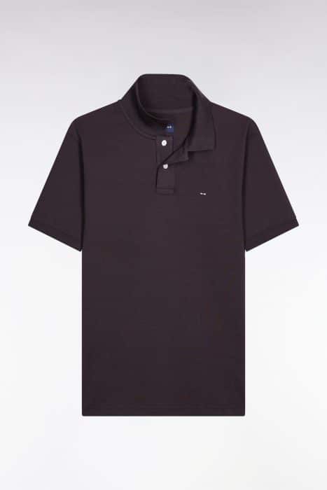 A plain black short-sleeve polo shirt with a collar, two buttons, and a small logo on the left chest, displayed against a light gray background.