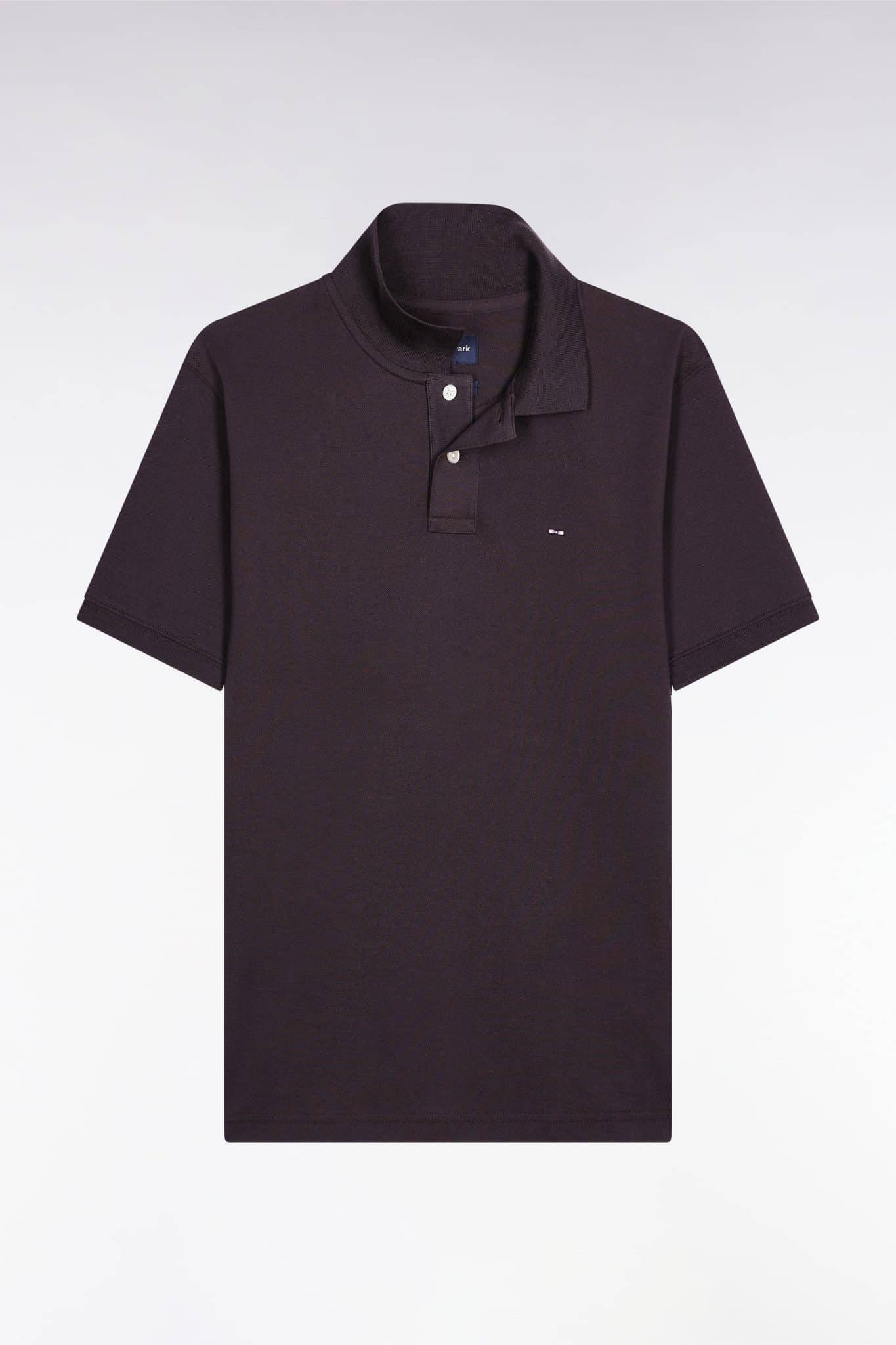 A plain black short-sleeve polo shirt with a collar, two buttons, and a small logo on the left chest, displayed against a light gray background.