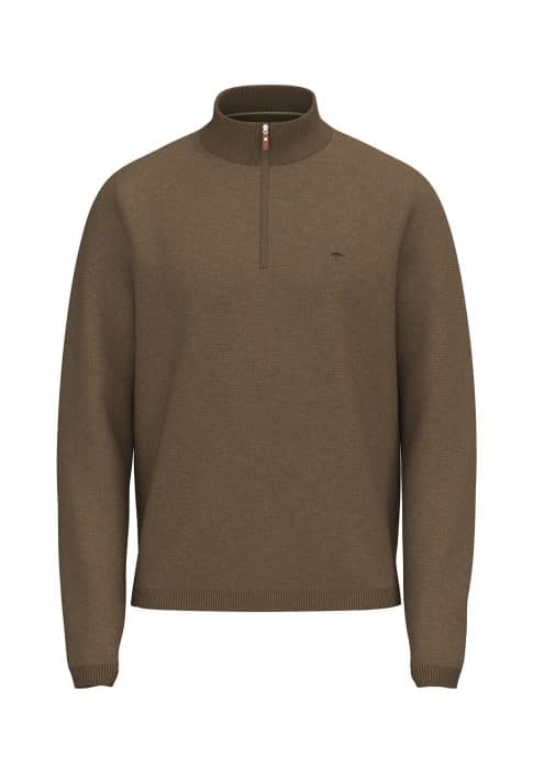 Brown long-sleeve pullover jumper with a quarter-zip collar and ribbed cuffs and hem, displayed on a plain white background.