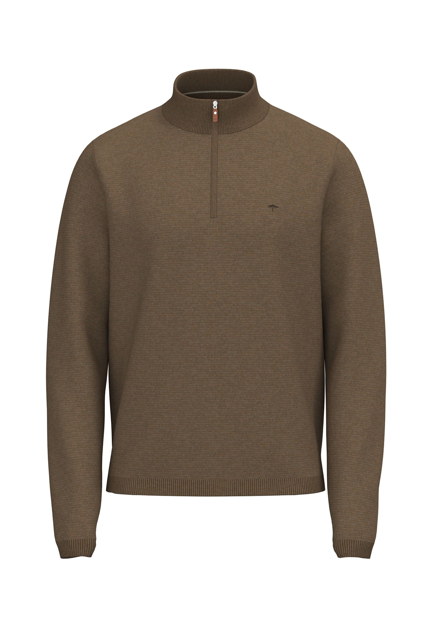 Brown long-sleeve pullover jumper with a quarter-zip collar and ribbed cuffs and hem, displayed on a plain white background.