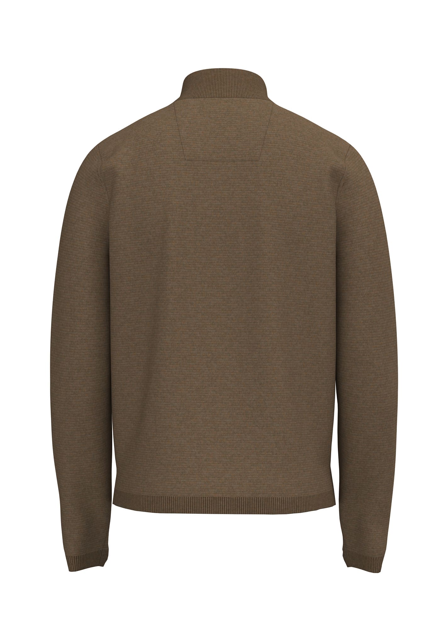 Back view of a brown long-sleeve jumper with a high collar, ribbed cuffs, and a ribbed hem, displayed on a plain white background.