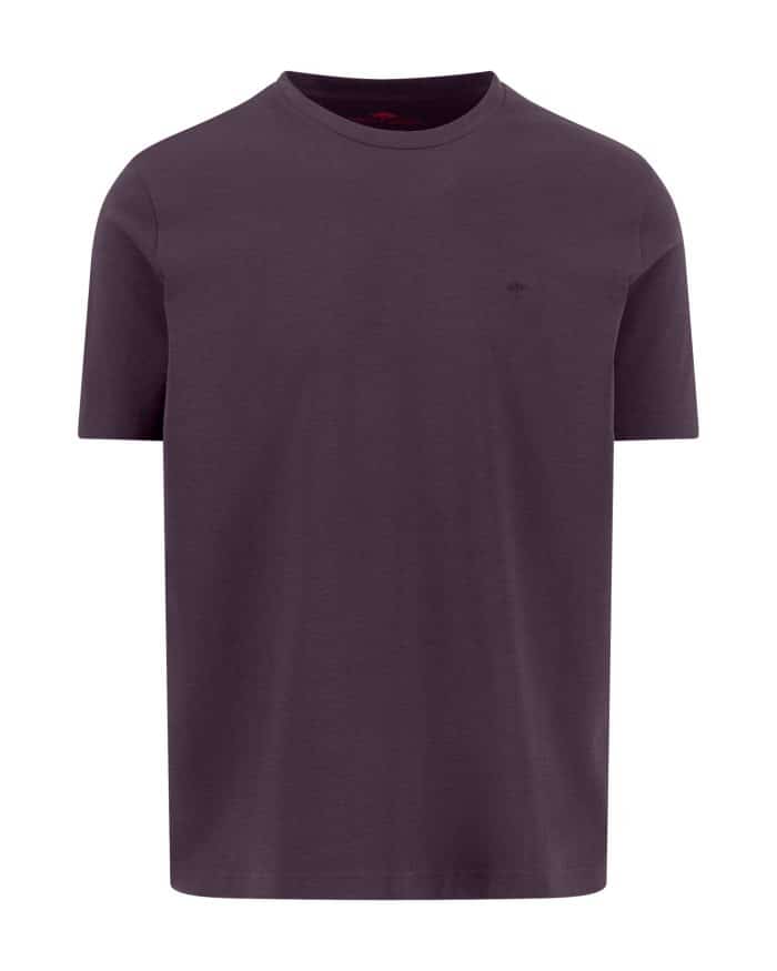 A plain, short-sleeved, dark purple crew neck T-shirt is shown on a white background. The shirt has a simple design with a small, subtle logo on the left chest.