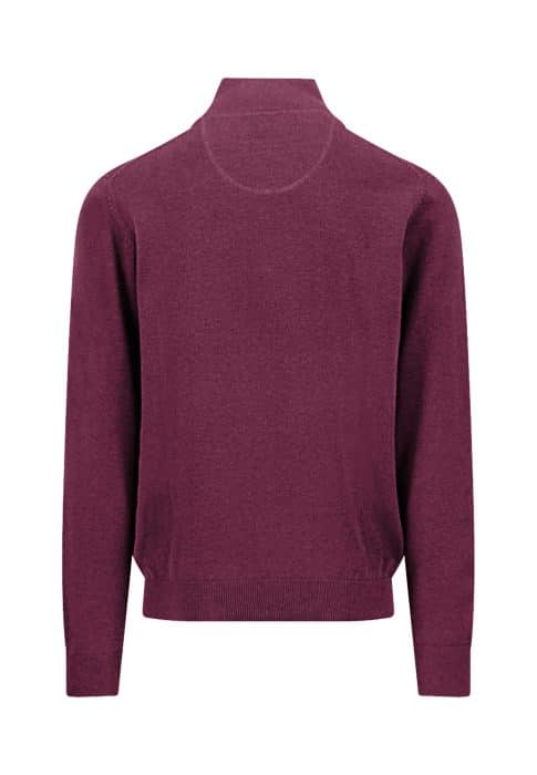 A plain, long-sleeved, maroon jumper is shown from the back. The jumper features a high collar and ribbed cuffs and hem.