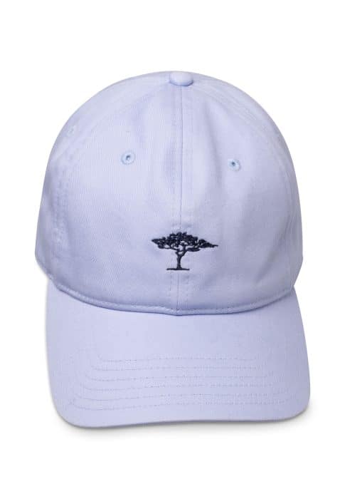 A light purple baseball cap with a small, black embroidered tree design on the front centre panel.