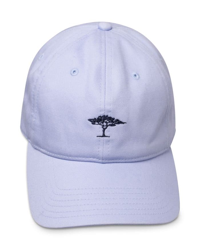 A light purple baseball cap with a small, black embroidered tree design on the front centre panel.