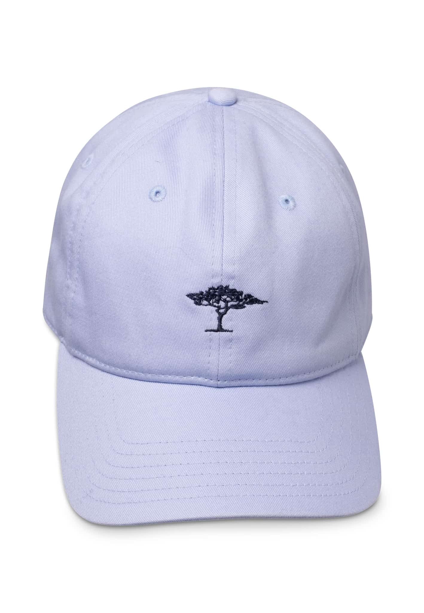 A light purple baseball cap with a small, black embroidered tree design on the front centre panel.