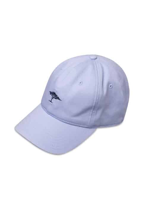 A light blue baseball cap with a small, dark embroidered tree logo on the front, displayed against a white background.