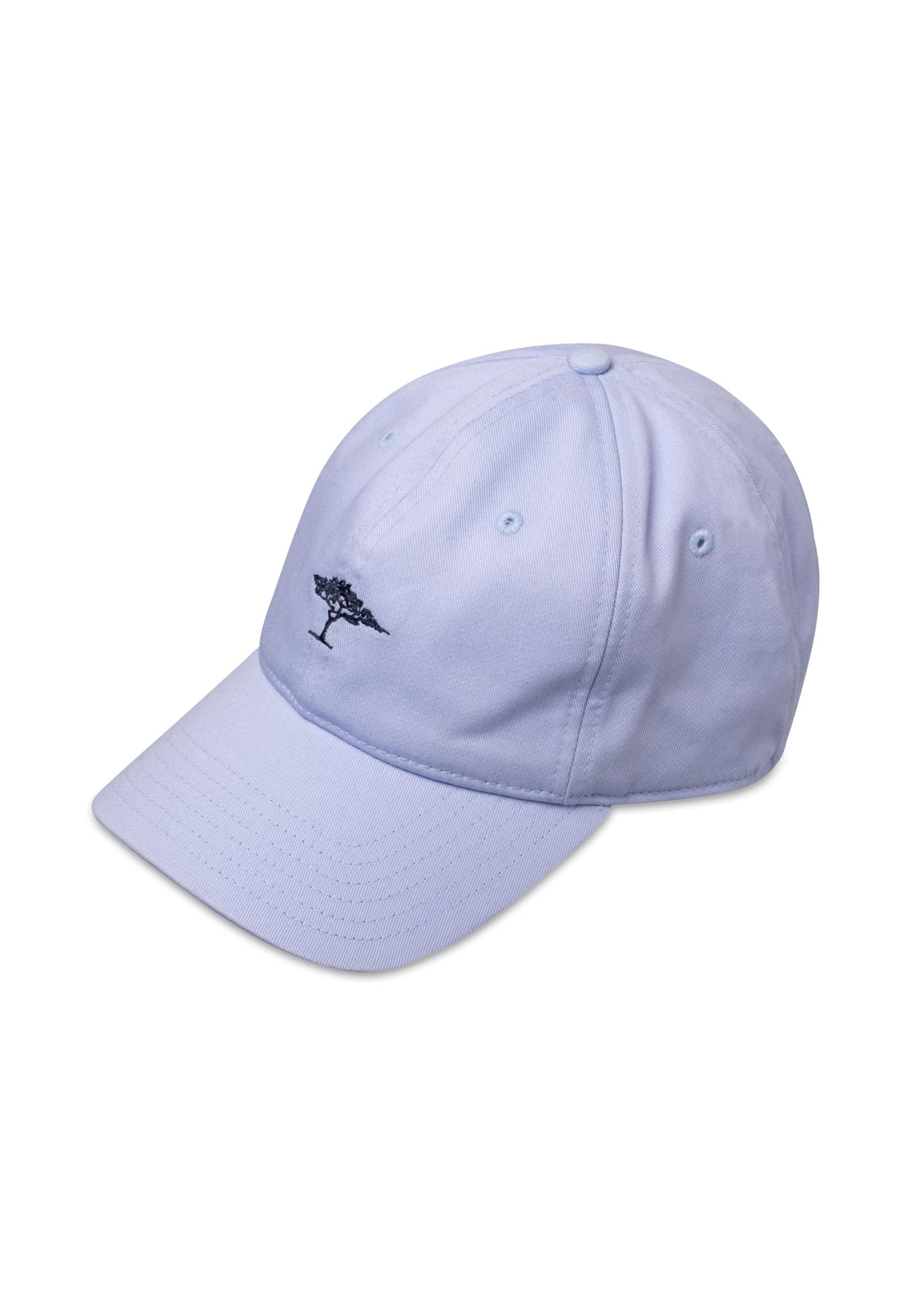 A light blue baseball cap with a small, dark embroidered tree logo on the front, displayed against a white background.