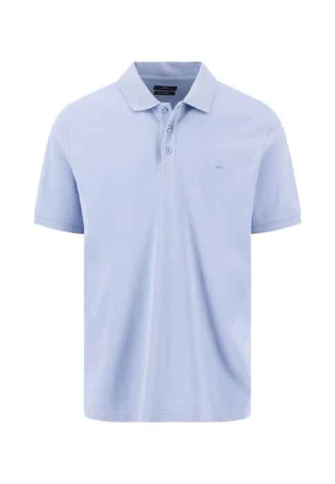 Light blue short-sleeved polo shirt with a collar and three buttons at the neck, displayed on a plain white background.