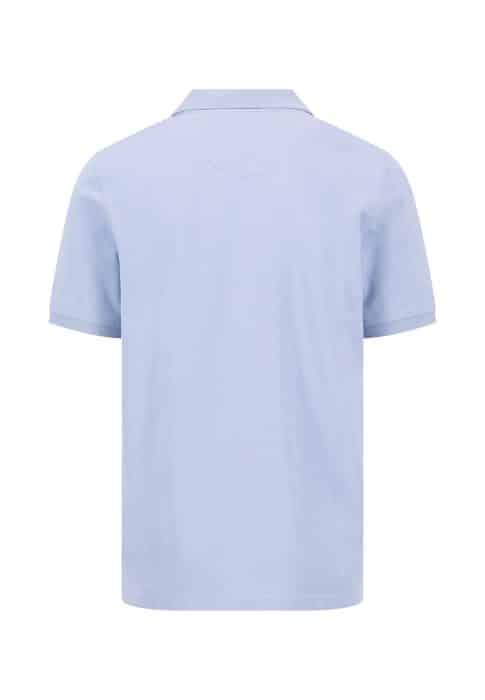 A light blue short-sleeved polo shirt shown from the back, featuring a classic collar and a simple, plain design.