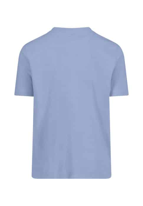 A plain light blue short-sleeve t-shirt shown from the back on a white background.
