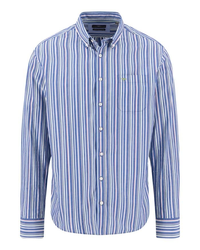 A long-sleeved, button-up shirt with vertical blue, white, and red stripes, featuring a front chest pocket and a buttoned collar.