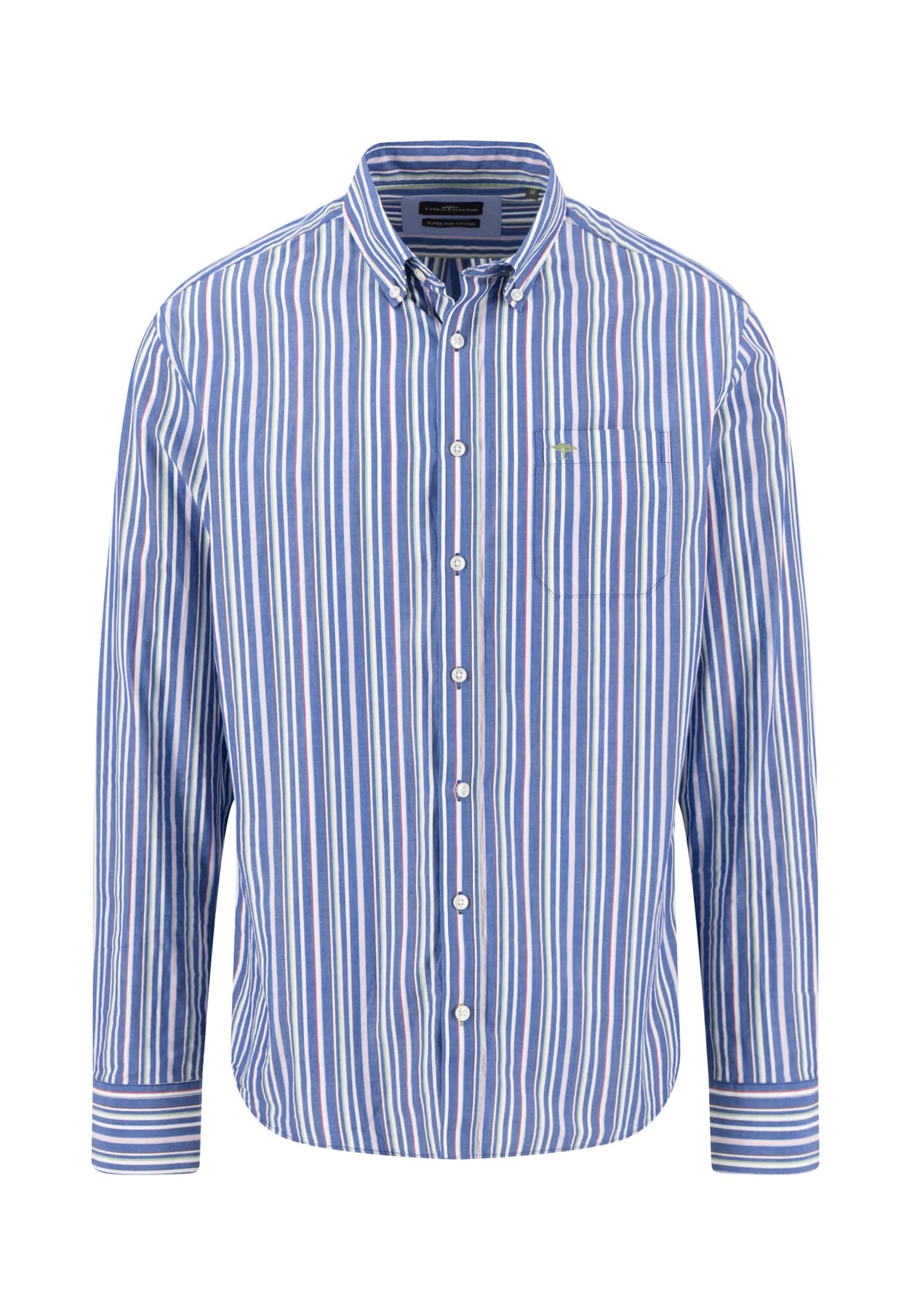 A long-sleeved, button-up shirt with vertical blue, white, and red stripes, featuring a front chest pocket and a buttoned collar.