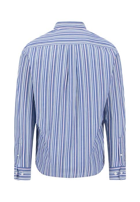 A long-sleeve button-up shirt with vertical blue, white, and pink stripes, shown from the back. The shirt has a collar, cuffed sleeves, and a straight hem.