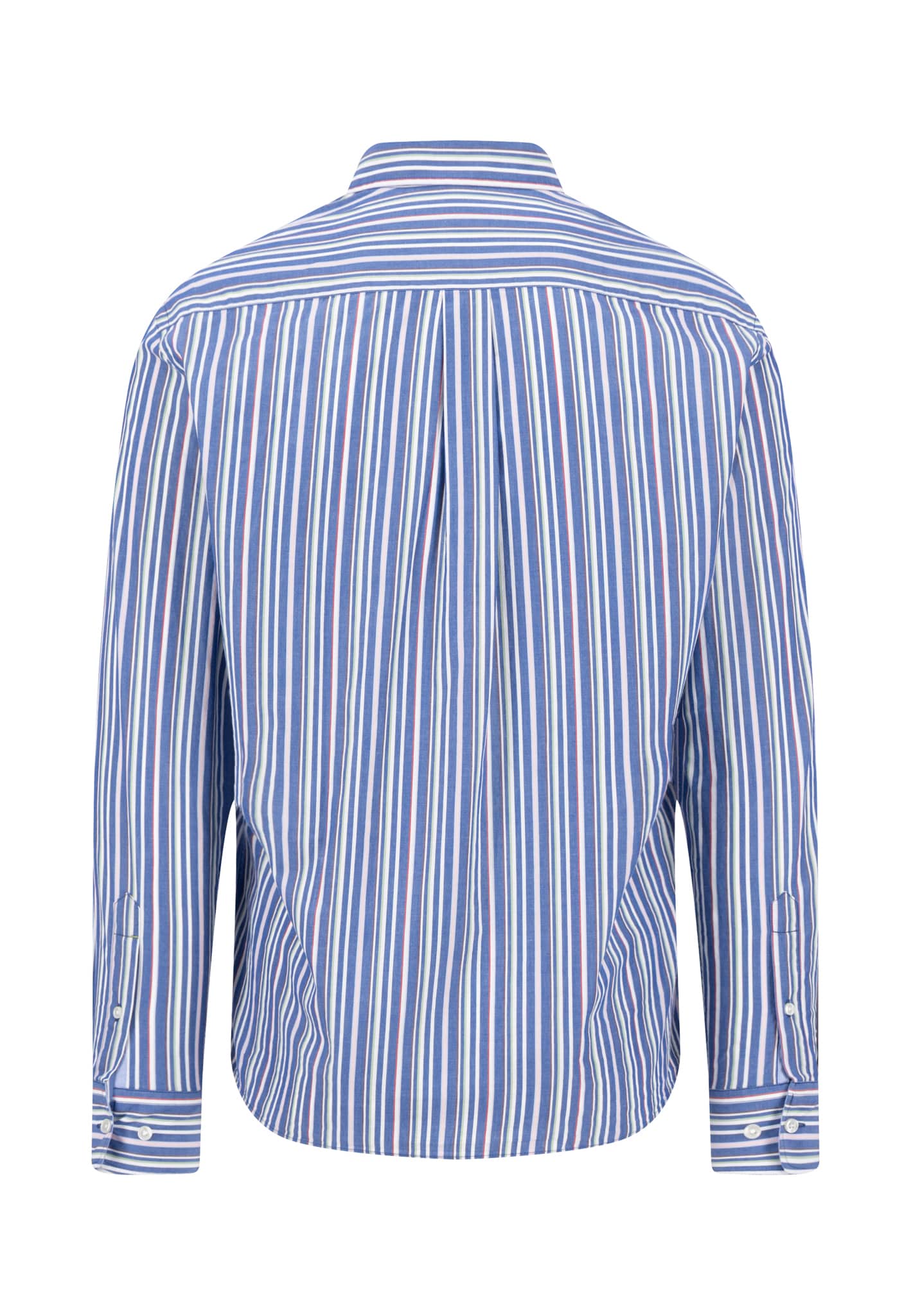 A long-sleeve button-up shirt with vertical blue, white, and pink stripes, shown from the back. The shirt has a collar, cuffed sleeves, and a straight hem.