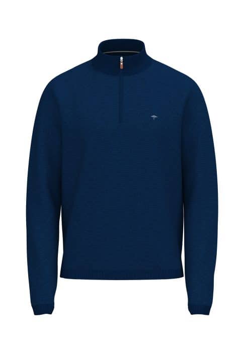 A navy blue, long-sleeve pullover jumper with a half-zip collar and ribbed cuffs and hem, displayed on a plain white background. A small subtle logo is visible on the left chest.